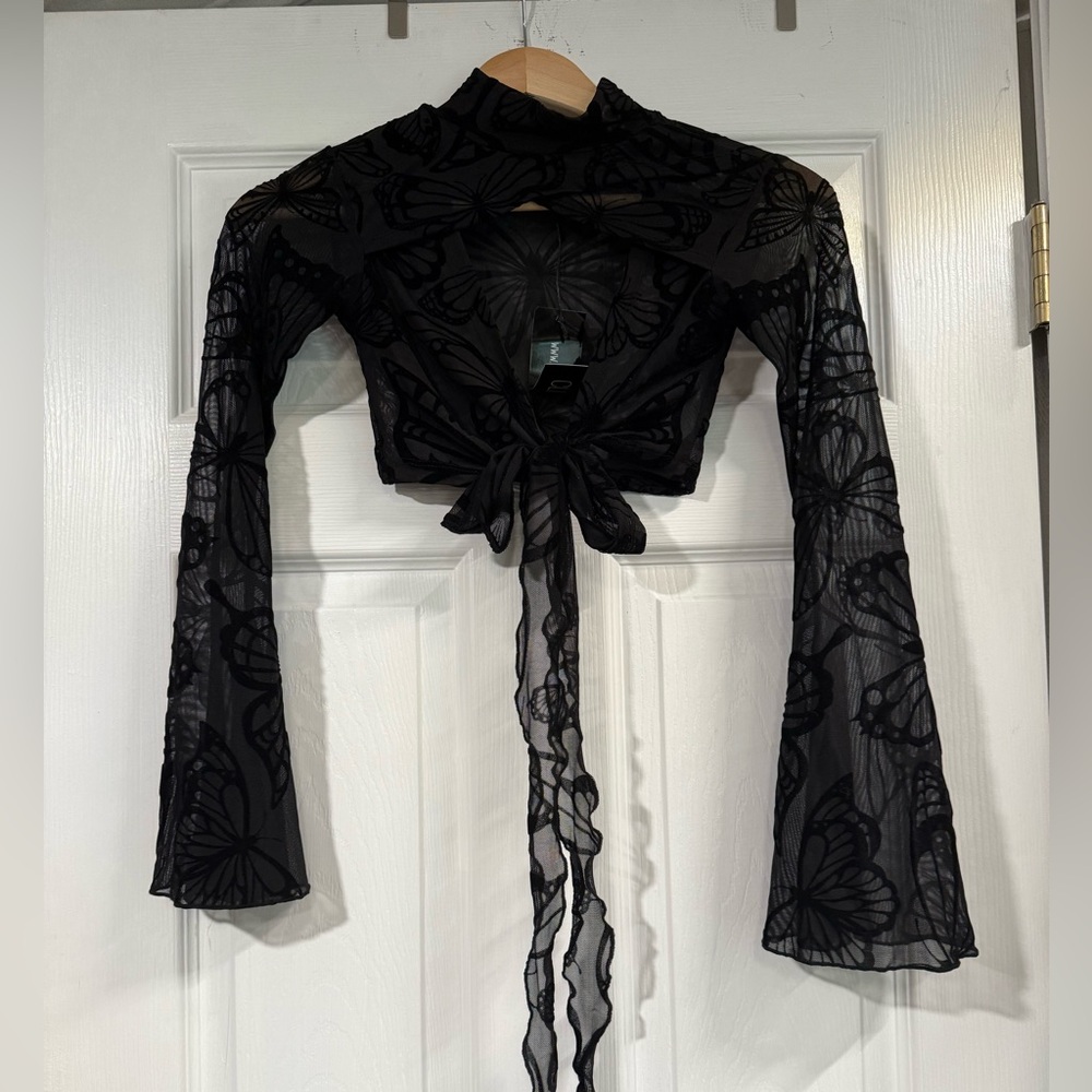 BNWT Bell Sleeve Black Sheer Butterfly Top